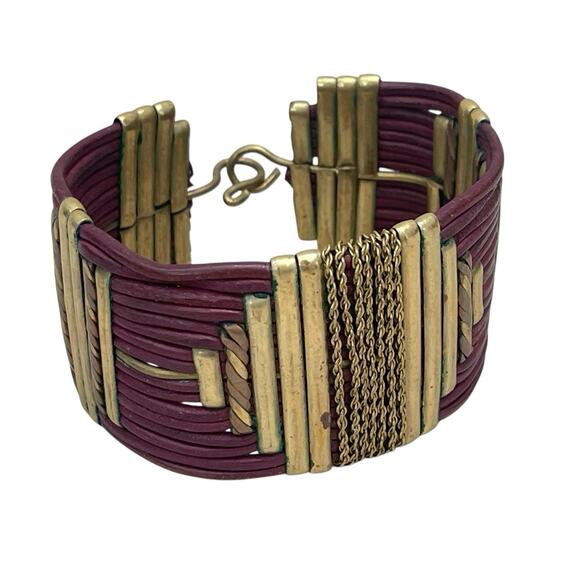 Vintage Alexis Kirk Leather & Brass Bohemian Bracelet Cuff - Picture 1 of 6
